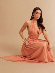 Silquee 橙色撞色深V领露背雪纺A字连衣裙，优雅夏日之选，适合伴娘、婚礼、海滩度假、约会、派对、鸡尾酒会、舞会、正式场合等场合。 - 橘色 - 查看 7