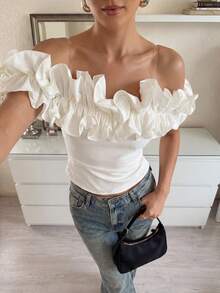 Lumalex 春夏女士露肩荷叶边下摆收腰露背蕾丝上衣，适合春假、夏季假期、情人节、嘉年华、海滩婚礼、宾客、晚宴、伴娘、婚礼及活动、外出、优雅度假、奢华晚宴、老钱假日派对、锐舞节、郊游、度假、户外、层次丰富的婚礼季、宴会派对、生日派对等场合。 - 白色 - 查看 10