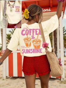 EMERY ROSE Camiseta de Café con Hielo y Sol, Camiseta de Café con Hielo, Regalos para Amantes del Café, Camiseta de Verano, Camiseta de Vibras de Verano, Camiseta de Café - Albaricoque - Ver 3