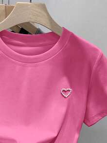 Resyla Áo thun cỡ lớn Sweet & Cool Handmade hình trái tim đính hạt màu hồng Dopamine, kiểu dáng rộng rãi, cổ tròn, tay ngắn, hàng mới về mùa hè. - Hồng - Xem 3