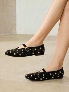 VINTAGE MARY JANE SHOES, RIVET DECOR, FASHION , COMFORTABLE BALLET FLATS FOR WOMEN, AUTUMN/WINTER SPRING SHOES - Graphite Black - View 1