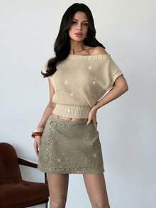 Firerie Áo len nữ đính sequin lệch vai, áo len sequin gợi cảm dự tiệc, áo len xuyên thấu, áo len nữ tối giản, thích hợp cho mùa xuân/hè/thu, thanh lịch, đi làm, hẹn hò, dự tiệc, lễ hội âm nhạc, hòa nhạc, trang phục công sở, tựu trường, tiệc thường niên, sinh nhật nữ. - Màu be - Xem 4