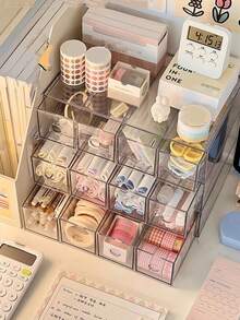 1 pièce Boîte de rangement de bureau en acrylique à 4 compartiments, grande capacité, double usage, porte-stylo, étui à lentilles de contact créatif, organisateur de tiroir pour étudiants et bureau, rangement pour cannes, marqueurs et articles de papeterie. - Transparent - Voir 6