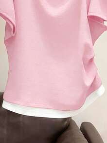Resyla 女士不对称肩部二合一短袖T恤，夏季 - 粉色 - 查看 4