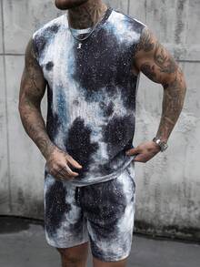 Manfinity Homme Men's Casual Vacation Style Tie-Dye Print Distressed Fabric Tank Top And Elastic Waist Shorts Set - Multicolor - View 3