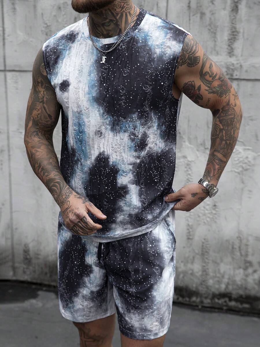 Manfinity Homme 男士休闲度假风扎染印花做旧面料背心和松紧腰短裤套装 - 彩色 - 查看 1