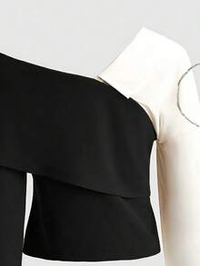 Franclia 两件套：V领撞色拼接上衣和直筒裤，休闲秋冬装 - 黑色 - 查看 4