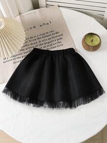 SHEIN 少女對比網格彈性腰裙，舒適、時尚、優雅、甜美且可愛，日常與出遊必備 - 黑色 - 查看 2