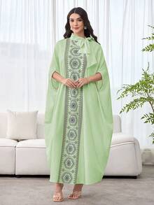 SHEIN Najma 女士拼接优雅领结宽松奢华连衣裙 - 薄荷綠 - 查看 5