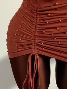 Zestiva Women's Vacation Beach Beaded Backless Halter Drawstring Mini Dress - Brown - View 5