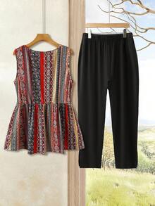 Rusticease Plus Size Women All-Over Print Round Neck Top And Wide Leg Pants Casual 2 Pieces Set - Multicolor - View 3