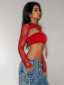 SHEIN Unity Áo kiểu nữ bằng vải ren, gợi cảm, táo bạo, mang phong cách avant-garde. - Đỏ - Xem 4