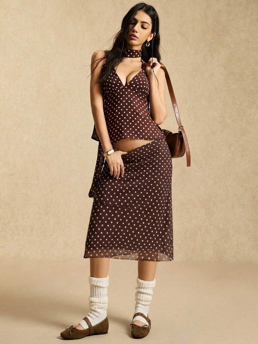 Easelle Women's Mesh Halter Neck Top And Skirt 2 Pieces Set Summer Outfits Wedding Going Out Vacation Polka Dot Brown - Brown - View 1