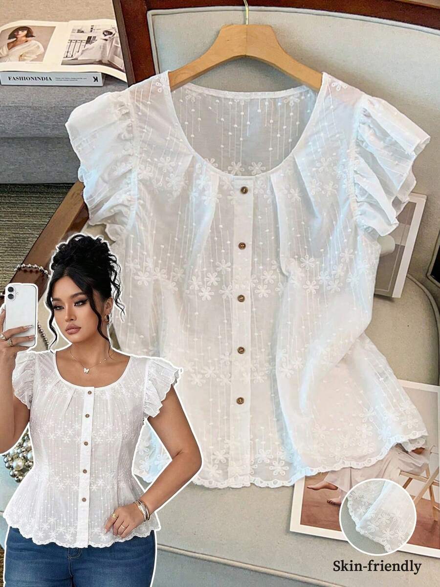 GlowEve CURVE Áo kiểu nữ cỡ lớn thanh lịch với họa tiết ren thêu, cài cúc phía trước, vạt áo bất đối xứng, thích hợp cho mùa xuân/hè. - trắng - Xem 1