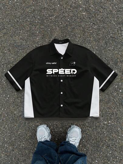 Manfinity ZONE917 男士字母印花单排扣休闲百搭日常短袖衬衫