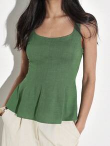 KSTM Women's Green Sleeveless Peplum Tank Top With Scoop Neckline And Smocked Back Detail For Casual Summer Wear - Green - View 6