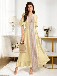 Al Najma Women's Off-Shoulder Ruffle Trim Casual Elegant Tie Strap Arabic Style Dress - Yellow - View 3
