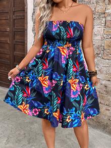 Breezaya Plus Size Black Summer Boho Tropical Rainforest Floral Strapless Backless Ruched A-Line Dress Beach Vacation Summer Beach Dress Festival Party Country - Black - View 1