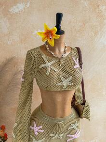 Soleia Beach For Women Summer Vacations Women's Summer Vacation Beach Starfish Crochet Flare Sleeve Cover Up Top - Khaki - View 4