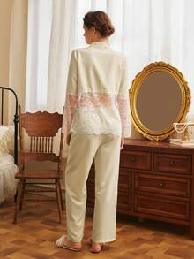 Southern France Mature Elegant Lace Hollow Bubble Crinkle Cardigan Women Pajama Set - Apricot - View 2