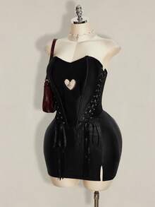 SHEIN ICON ملابس علوية حمراء برباط جانبي لعيد الحب للنساء بمقاس كبير - الأسود - مشاهدة 5