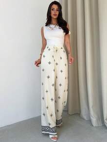 Firerie 女士优雅复古印花阔腿裤，适合度假穿着 - 黑與白 - 查看 3