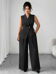 Elenzga Fashionable Casual French Style Elegant Asymmetric Waist V-Neck Sleeveless 2 Pieces Set - Black - View 5
