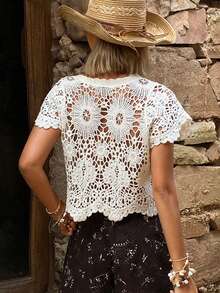 DAZY Hollow Knit V-Neck Short Sleeve Casual Vacation Summer Women Thin Cardigan - Apricot - View 2