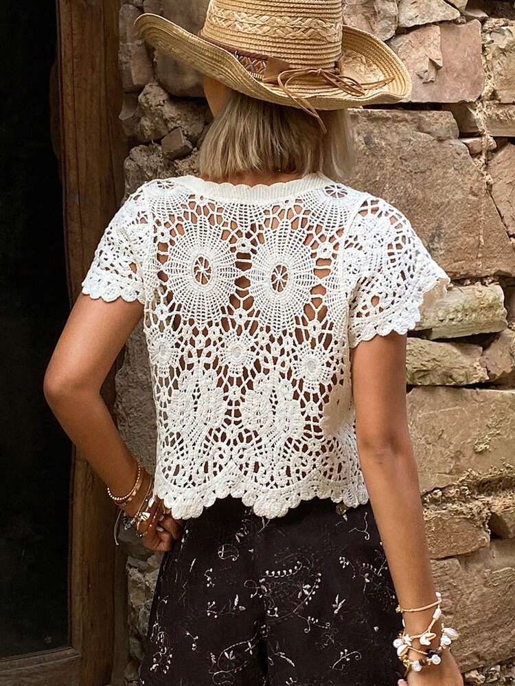 Hollow Knit V-Neck Short Sleeve Casual Vacation Summer Women Thin Cardigan