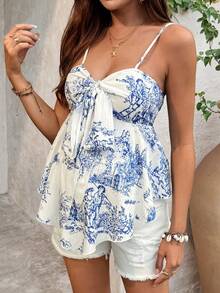 Modmama 孕妇休闲印花抽绳吊带衫 - 藍白色 - 查看 1