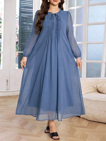 Lacomfia Đầm dài tay dáng rộng, cổ bèo nhún, thắt eo dành cho nữ cỡ lớn