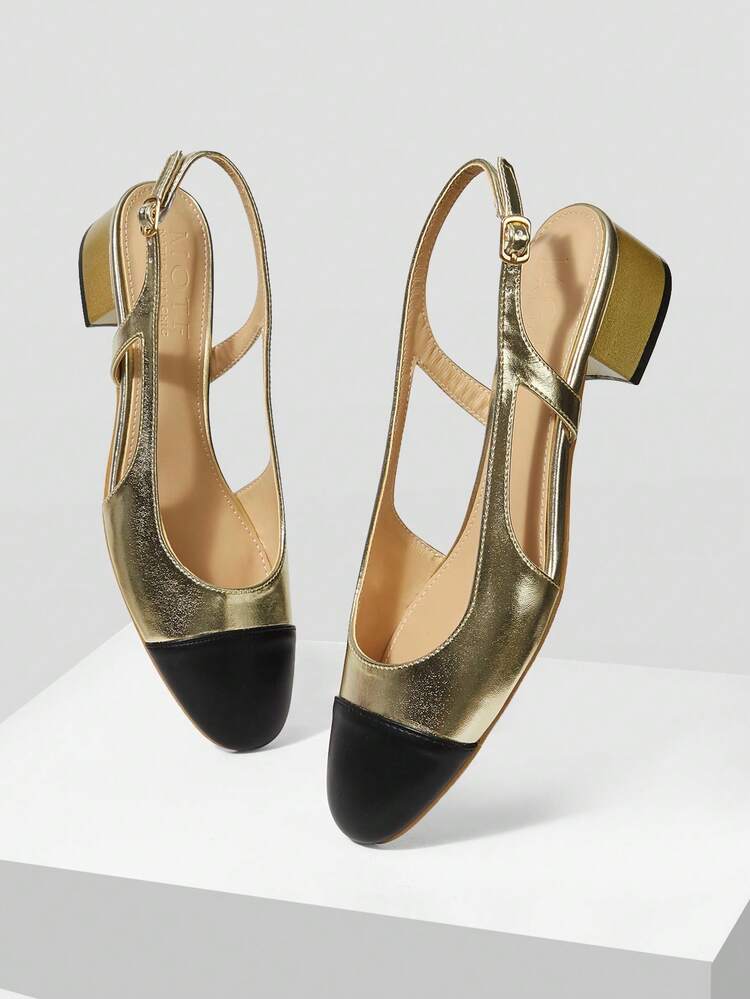 WOMEN'S ELEGANT COLOR BLOCK SQUARE TOE SLINGBACKS PUMPS SPRING SHOES