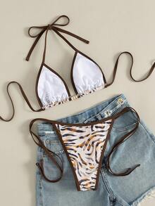 Swim Vcay Bộ 2 món bikini tam giác buộc dây cổ, họa tiết da báo ngẫu nhiên, gợi cảm, thanh lịch, thích hợp cho bãi biển và tiệc bể bơi. - Nhiều màu - Xem 3