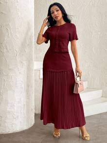 Modelyn Women's Elegant Pink Textured Short Sleeve Jacket And Pleated Skirt 2 Pieces Set - Burgundy - View 5