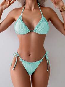 Swim Mod Women's Striped Nautical Style Patchwork Ruffle Trim Tie-Up Bikini Set - Mint Green - View 3