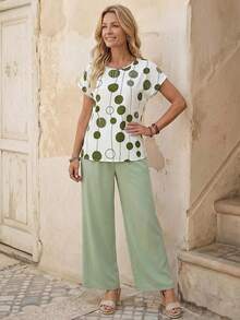 EMERY ROSE 两件套女士几何印花短袖上衣和阔腿裤 - 綠色 - 查看 5