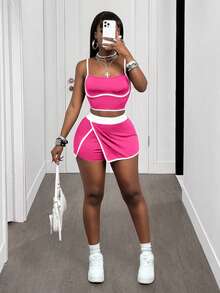 Mistrie Contrast Color Trim Camisole & Shorts Sports Suit - Pink - View 6