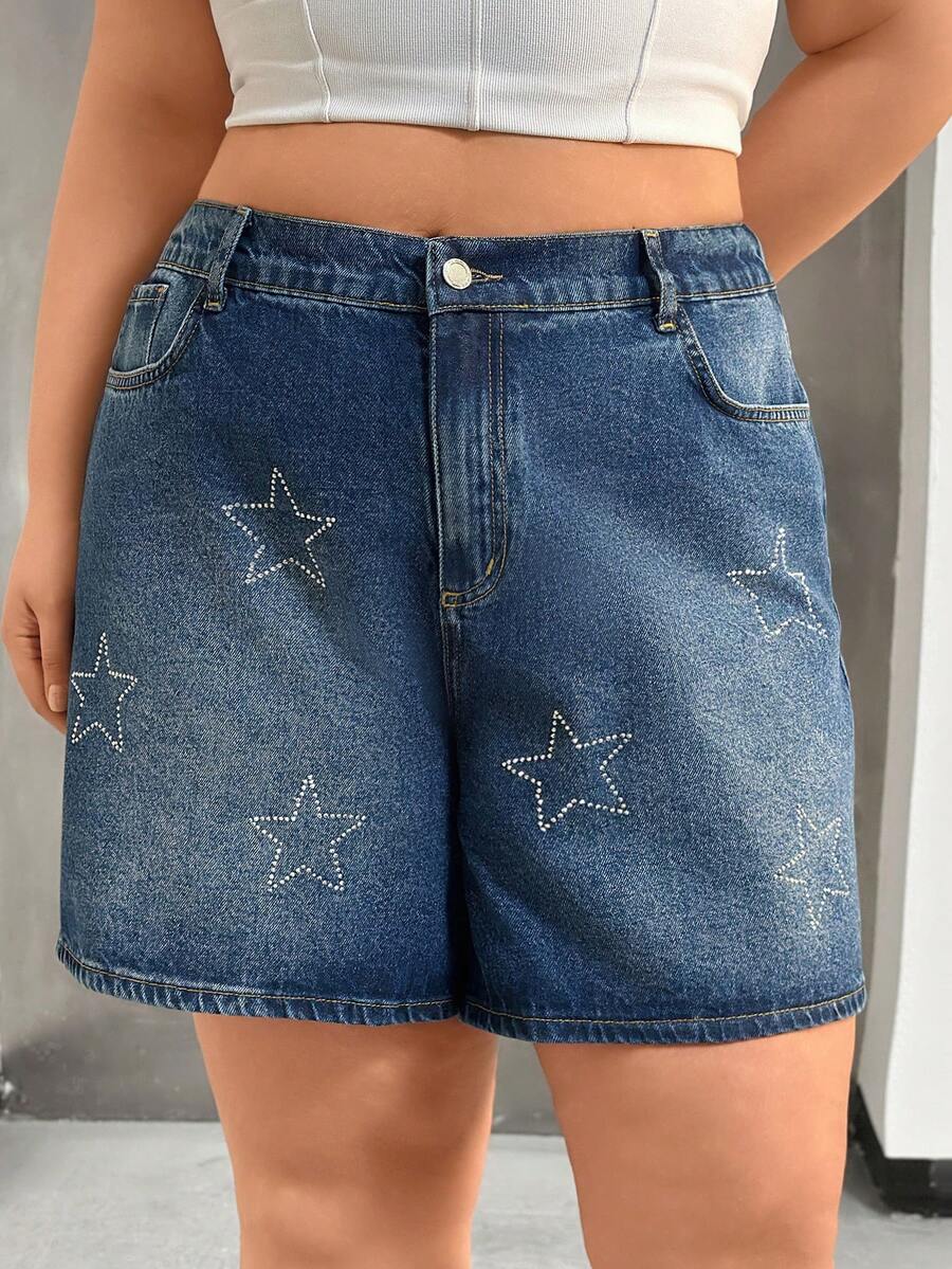 SHEIN ,Plus Size, All-Over Rhinestone, Elastic Waist, Denim Shorts - Dark Wash - View 1