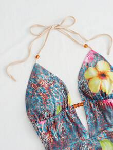 GlowEve 女士V领露背系带腰部褶皱紧身迷你连衣裙，性感时尚夏季装扮，适合派对、约会、下午茶、海滩度假，豹纹花卉印花 - 彩色 - 查看 3