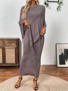 Louniche Conjunto de dos piezas para mujer con diseño calado, poncho, chal con flecos, vestido suéter sin mangas sexy y casual para primavera/verano - Gris - Ver 7