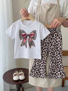 SHEIN Playful Pals Girls Knitted Fabric Short Sleeve Tee And Full Print Leopard Bell Bottom Pants Set With Cute Bow Design - White - View 11