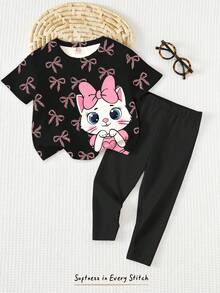 黑色和粉色，可爱猫咪动物印花，女婴休闲舒适柔软圆领宽松短袖T恤和打底裤套装，适合日常穿着、街头风、外出、居家、度假、返校、春夏穿着，适合1-2岁女婴的日常穿搭。 - 白色 - 查看 4