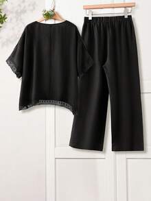 Rusticease Plus Size Women Solid Color Contrast Lace Round Neck Blouse And Pants Casual 2 Piece Set - Black - View 3