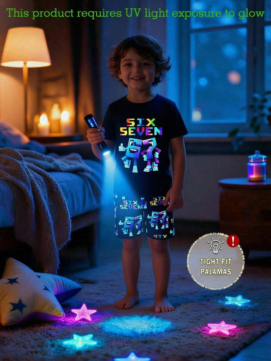Glowmode 1 set Piyama Lengan Pendek Anak Laki-Laki Motif Angka 67 yang Bercahaya dalam Gelap, Pas di Badan, Kain Nyaman untuk Musim Panas, Cocok untuk Keluarga - Hitam - View 1