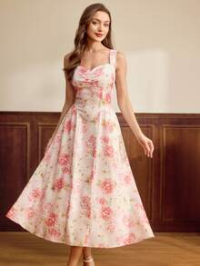 Vintamour Vintage Classic Elegant Women's Dress, Spring/Summer Fitted Floral Print Dress, Suspender Dress, Pink Umbrella Hem Dress,Pink Dress - Pink - View 6