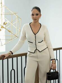 Melissa Matos Nuevo Cárdigan de Punto con Cuello en V de Estilo Francés, Versátil - Beis - Ver 3