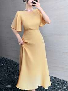 DAZY Robe mi-longue élégante à col rond et manches volantées de couleur unie, robes d'été pour femmes - Jaune citron - Voir 7