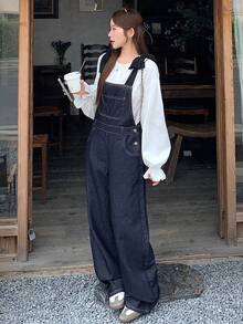 FRIFUL Women's Casual Washed Denim Bib Overalls - Black - View 5