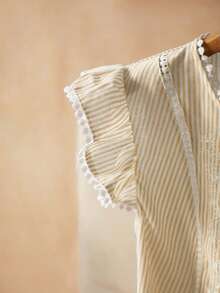 Elaquor 大码夏季休闲条纹花卉刺绣短袖衬衫 - 黃色 - 查看 6