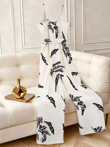 GlowEve Women's Elegant Casual Tropical Plant Print Camisole Wide Leg Jumpsuit - Black and White - View 2